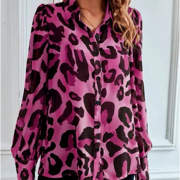 New pink leopard print button down top - Picture 4 of 6